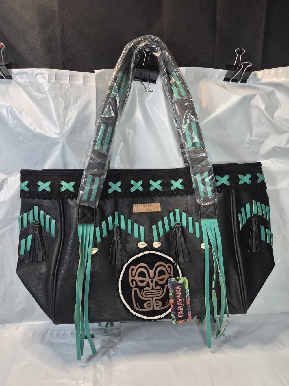 Taravana Black Turquoise Tote Handbag Fringe Tassel Zip Top Lined Purse New